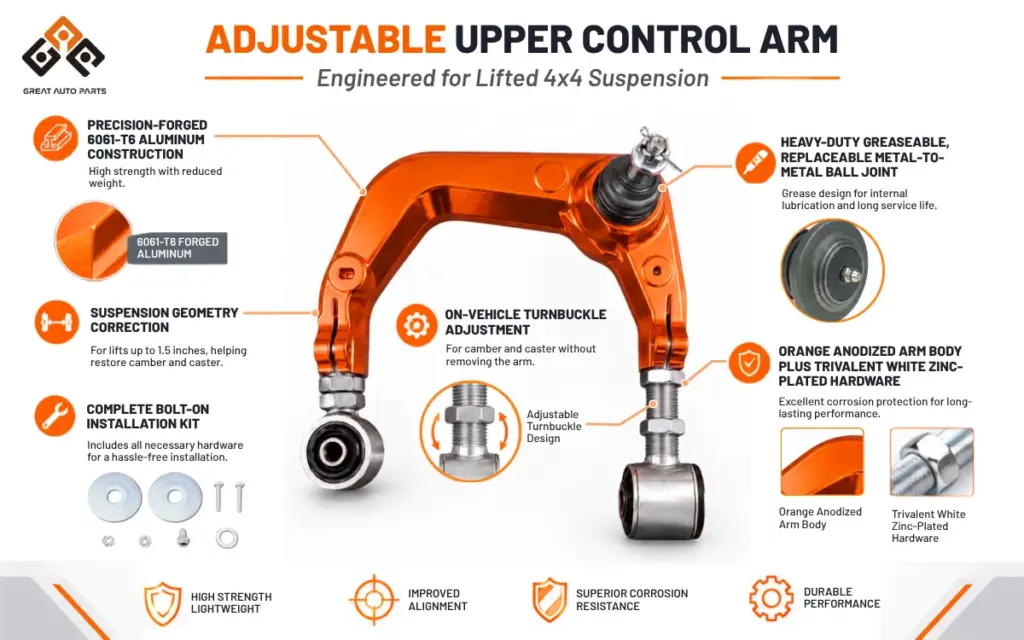 Adjustable upper control arm for lifted 4x4 suspension with 6061-T6 aluminum construction-48610-04020-Great Auto Parts